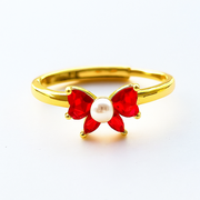Red Bow Ring Pearl Center I Gold Adjustable Ring I Dainty Holiday Jewelry I Girly Statement Ring Christmas Gift