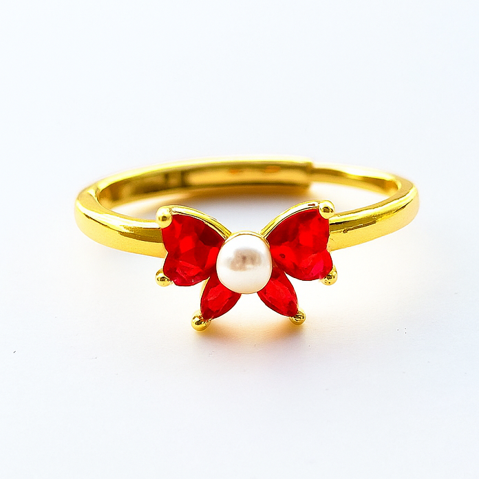Red Bow Ring Pearl Center I Gold Adjustable Ring I Dainty Holiday Jewelry I Girly Statement Ring Christmas Gift