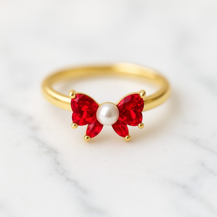 Red Bow Ring Pearl Center I Gold Adjustable Ring I Dainty Holiday Jewelry I Girly Statement Ring Christmas Gift