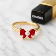 Red Bow Ring Pearl Center I Gold Adjustable Ring I Dainty Holiday Jewelry I Girly Statement Ring Christmas Gift