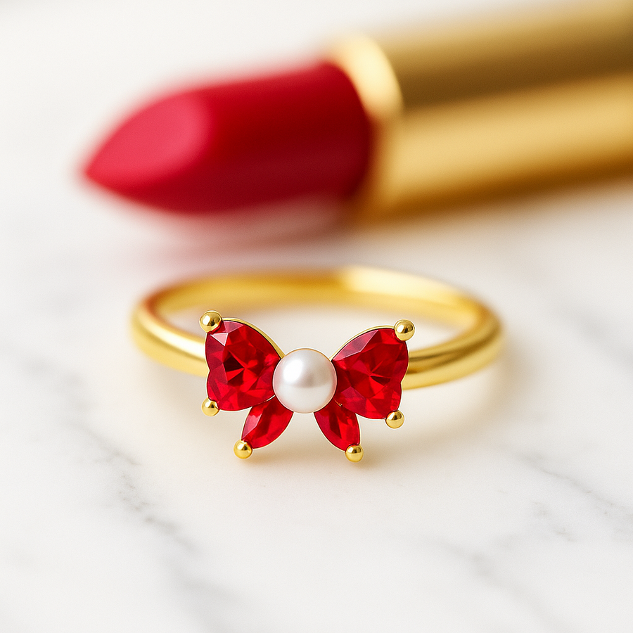 Red Bow Ring Pearl Center I Gold Adjustable Ring I Dainty Holiday Jewelry I Girly Statement Ring Christmas Gift