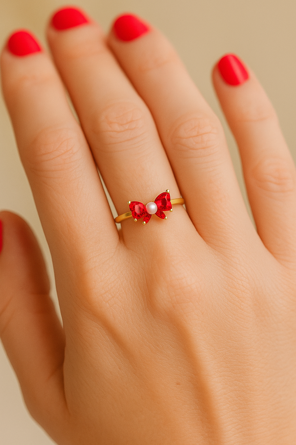 Red Bow Ring Pearl Center I Gold Adjustable Ring I Dainty Holiday Jewelry I Girly Statement Ring Christmas Gift