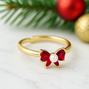 Red Bow Ring Pearl Center I Gold Adjustable Ring I Dainty Holiday Jewelry I Girly Statement Ring Christmas Gift