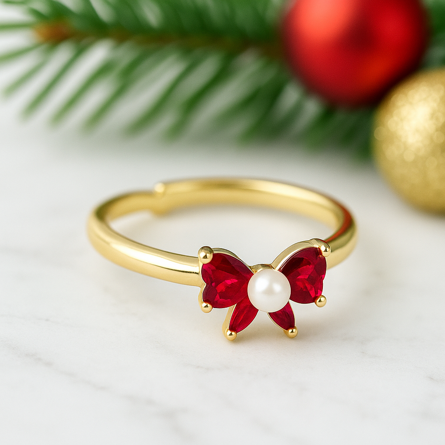 Red Bow Ring Pearl Center I Gold Adjustable Ring I Dainty Holiday Jewelry I Girly Statement Ring Christmas Gift
