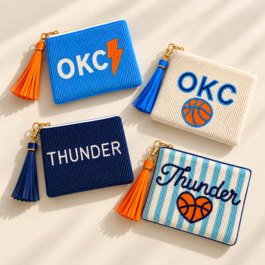 Handmade Beaded Gameday Custom Coin Purse | Bag for Clear Stadium Bags | OKC Thunder | Oklahoma  I Navy Classic Bolt