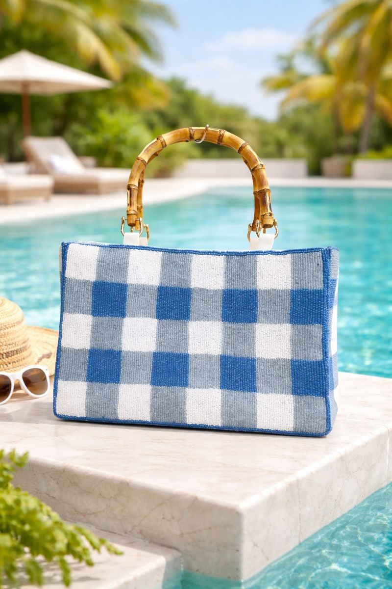 Hand Beaded Gingham Bag with Bamboo Handle | Blue & White Summer Purse | Artisan Made Statement Handbag | Max & Margaux Exclusive