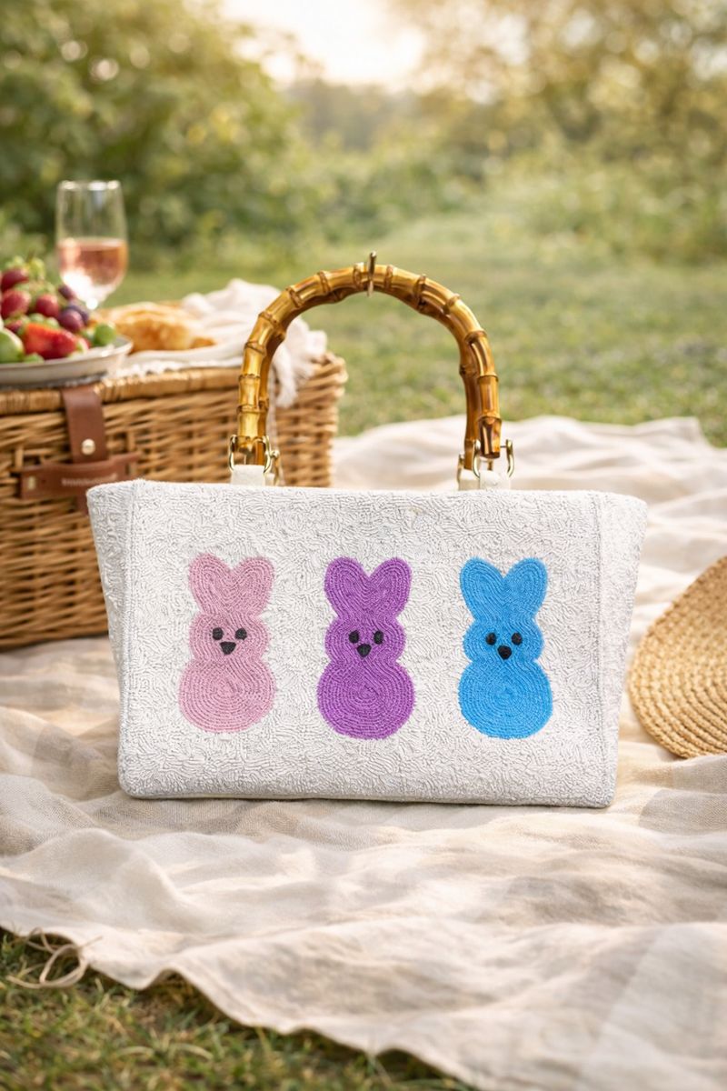 Hand Beaded Peeps Bag with Bamboo Handle | Pink Purple Blue Spring Easter Purse | Nostalgic Statement Tote IArtisan Made Statement Handbag | Max & Margaux Exclusive