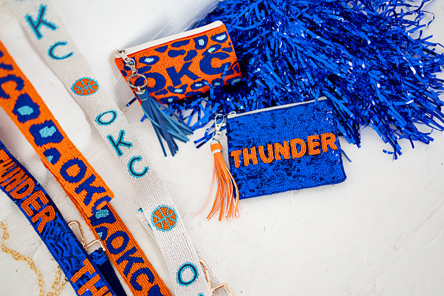 Handmade Beaded Gameday Custom Coin Purse | Bag for Clear Stadium Bags | OKC Thunder | 405 Local Original | Oklahoma I Leopard