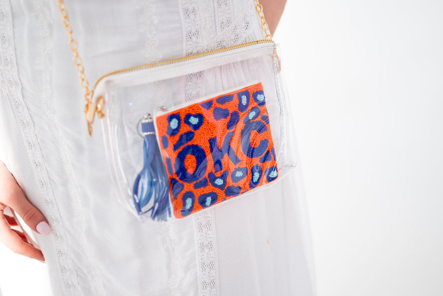 Handmade Beaded Gameday Custom Coin Purse | Bag for Clear Stadium Bags | OKC Thunder | 405 Local Original | Oklahoma I Leopard