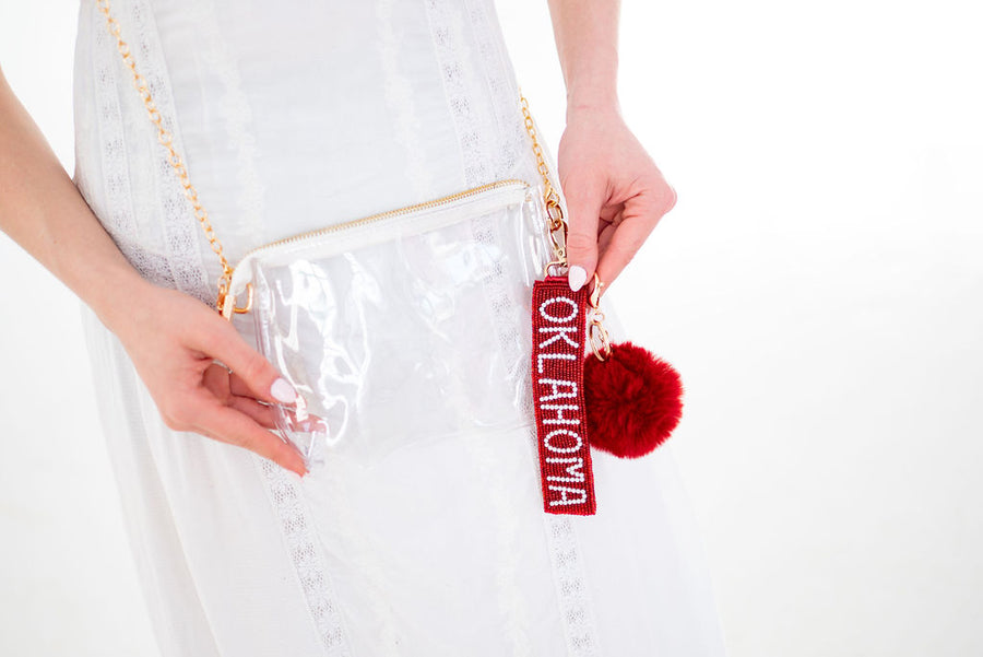 Oklahoma Bag Charm / Keychain / Wristlet Pearl Script