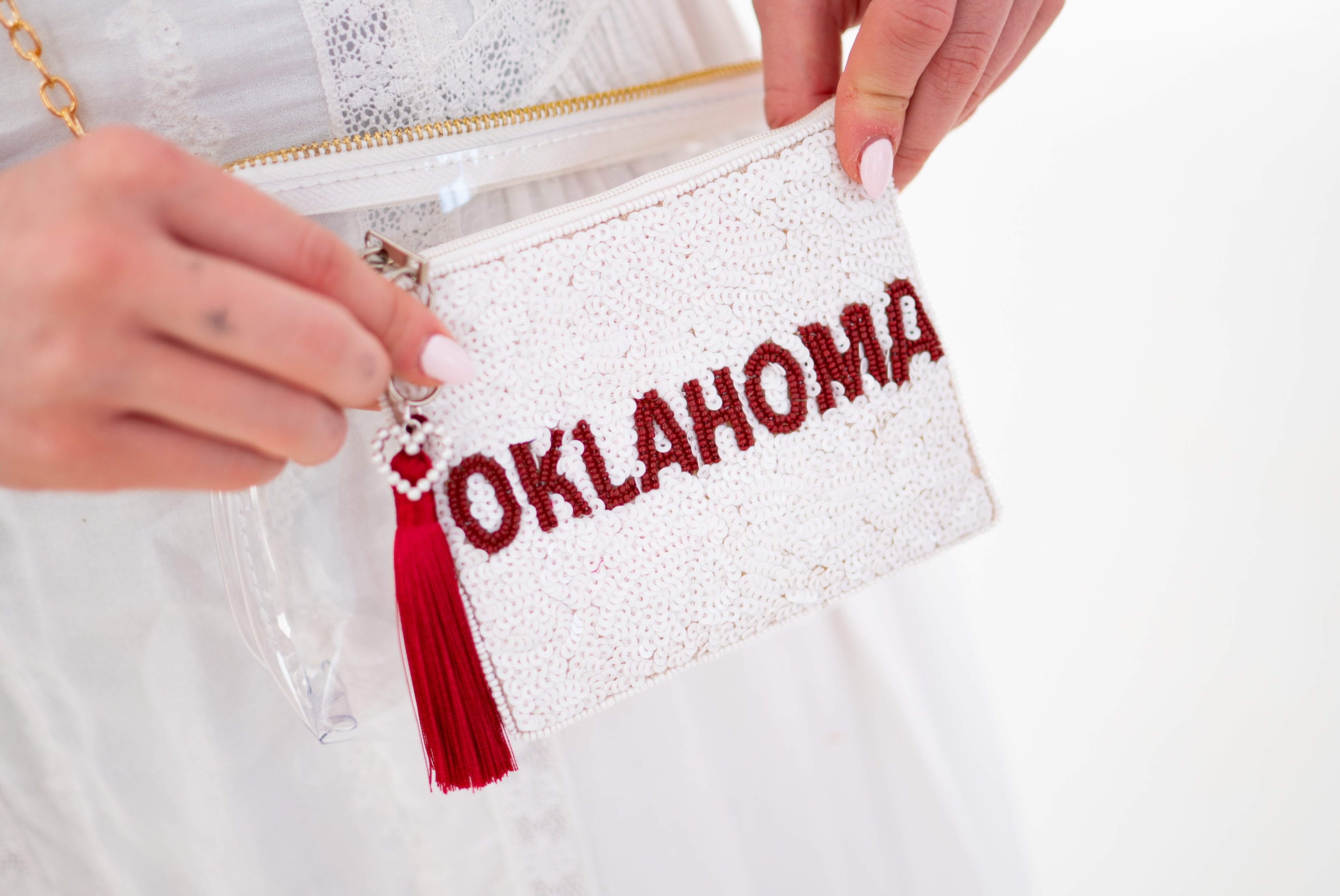 Handmade Beaded Sequin Gameday Custom Coin Purse | Bag for Clear Stadium Bags | Oklahoma Sooners | Boomer | 405 Local Original | OU