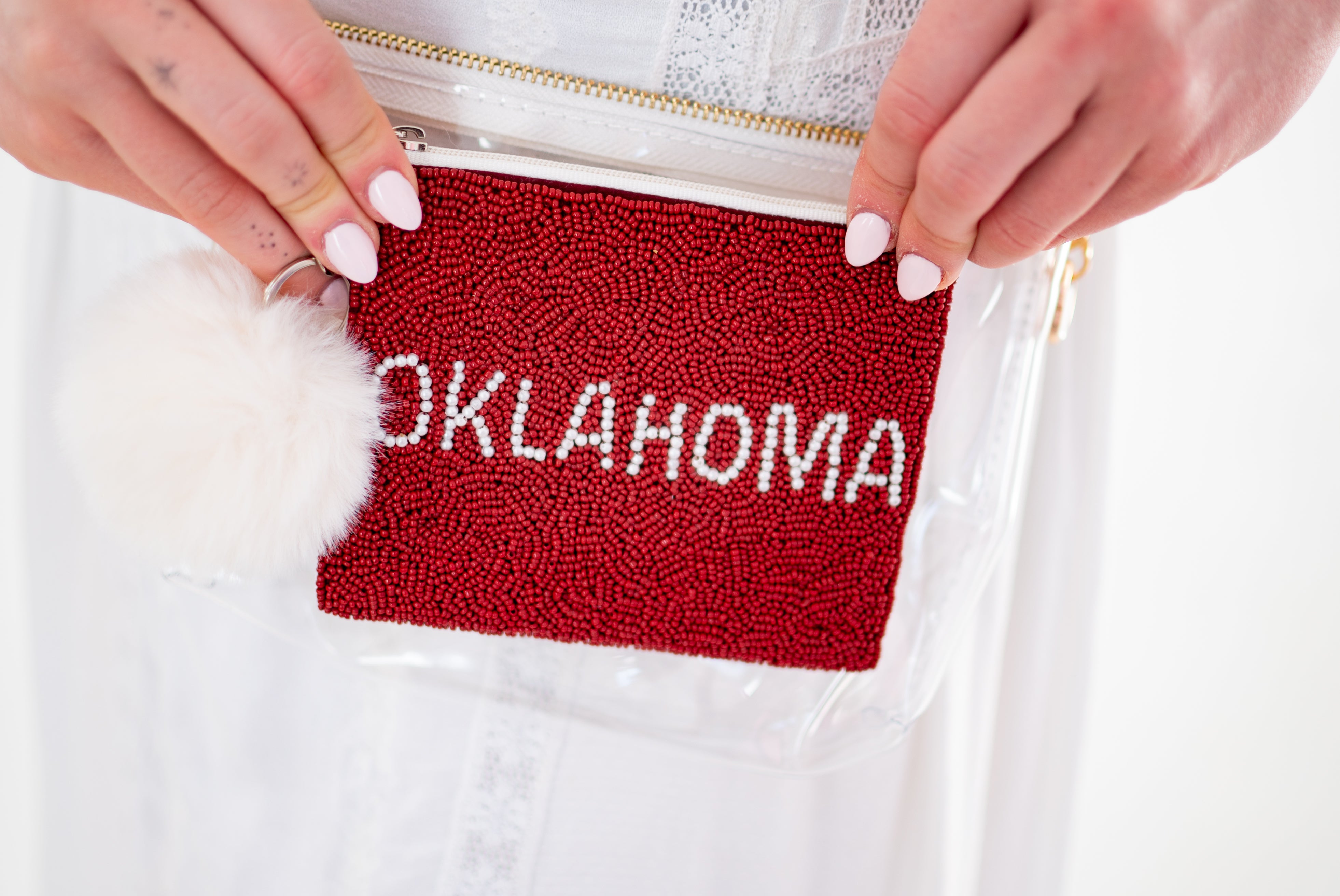 Handmade Beaded Pearl Gameday Custom Coin Purse | Bag for Clear Stadium Bags | Oklahoma Sooners | Boomer | 405 Local Original | OU