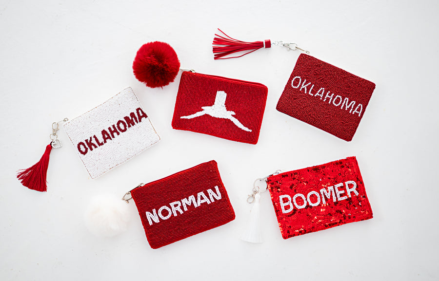 Handmade Beaded Sequin Gameday Custom Coin Purse | Bag for Clear Stadium Bags | Oklahoma Sooners | Boomer | 405 Local Original | OU