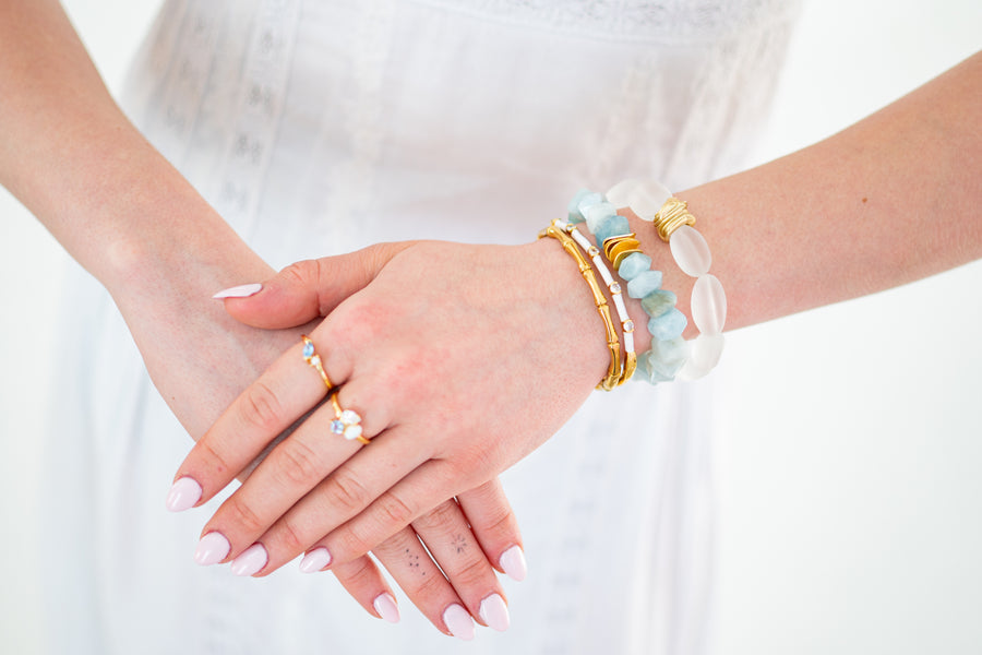Aqua Blue Gemstone Bracelet l Chunky Beaded Stretchy Stackable l Boho Natural Stone Jewelry l Handmade Brushed Gold l Dreams Do Come True