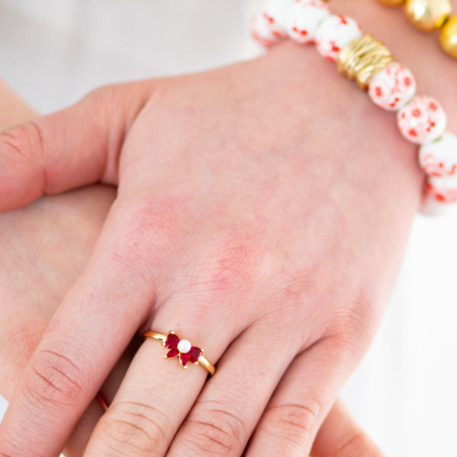Red Bow Ring Pearl Center I Gold Adjustable Ring I Dainty Holiday Jewelry I Girly Statement Ring Christmas Gift