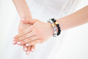 The Camille Chinoiserie Painted Bead Stretchy Bracelet with Brushed Gold Ball - Black