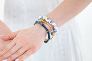 The Camille Chinoiserie Painted Bead Stretchy Bracelet with Brushed Gold Ball - Blue Two Tone Colorway