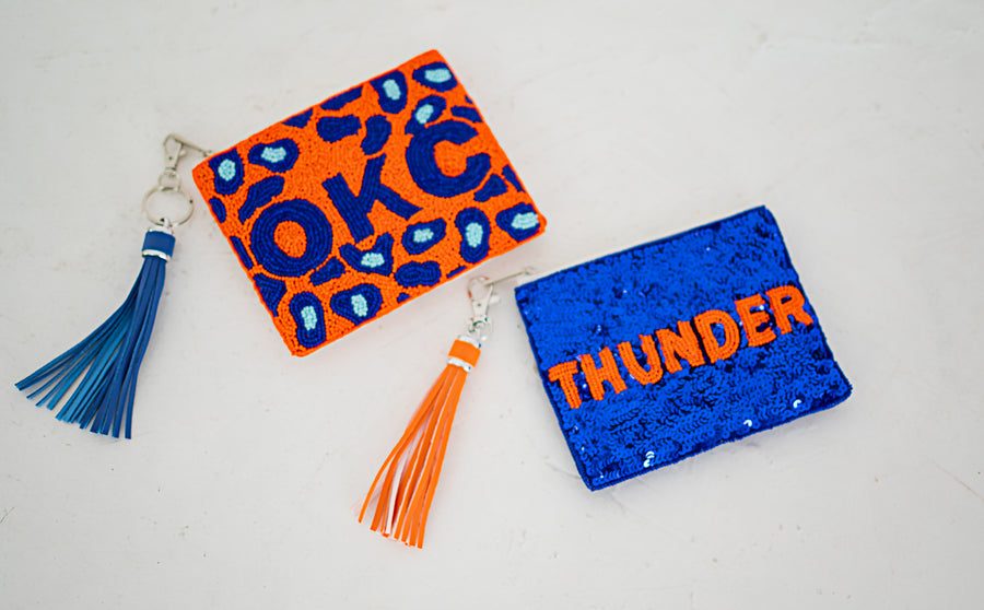 Handmade Beaded Gameday Custom Coin Purse | Bag for Clear Stadium Bags | OKC Thunder | 405 Local Original | Oklahoma I Leopard