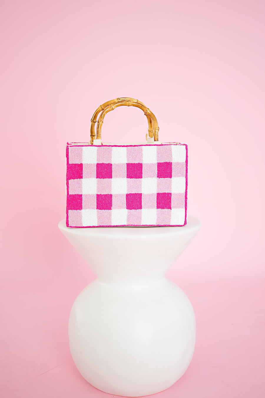 Hand Beaded Gingham Bag with Bamboo Handle | Pink & White Summer Purse | Artisan Made Statement Handbag | Max & Margaux Exclusive