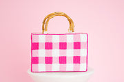 Hand Beaded Gingham Bag with Bamboo Handle | Pink & White Summer Purse | Artisan Made Statement Handbag | Max & Margaux Exclusive