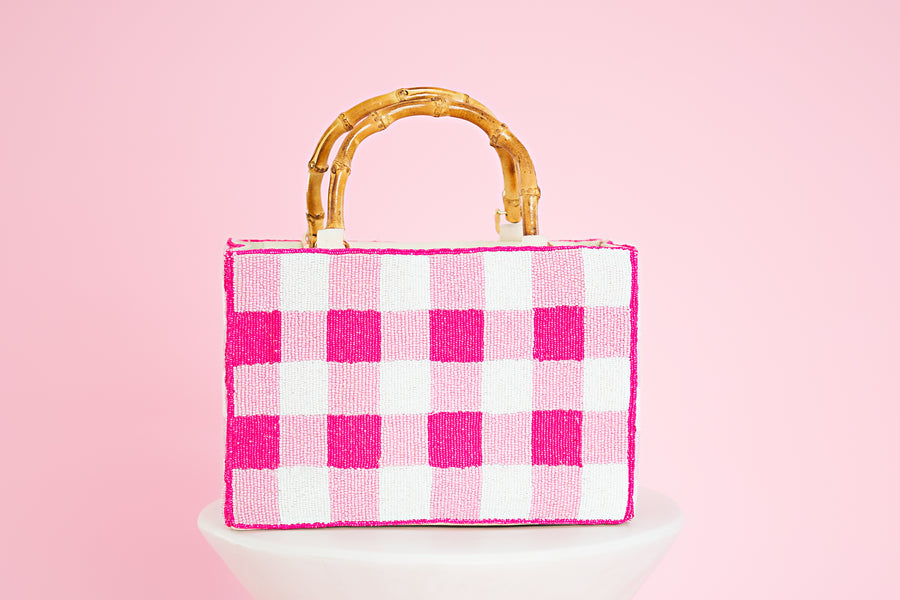 Hand Beaded Gingham Bag with Bamboo Handle | Pink & White Summer Purse | Artisan Made Statement Handbag | Max & Margaux Exclusive