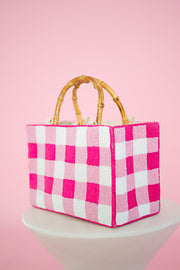 Hand Beaded Gingham Bag with Bamboo Handle | Pink & White Summer Purse | Artisan Made Statement Handbag | Max & Margaux Exclusive