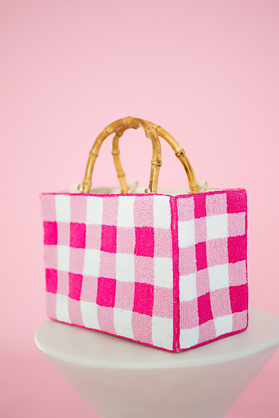 Hand Beaded Gingham Bag with Bamboo Handle | Pink & White Summer Purse | Artisan Made Statement Handbag | Max & Margaux Exclusive
