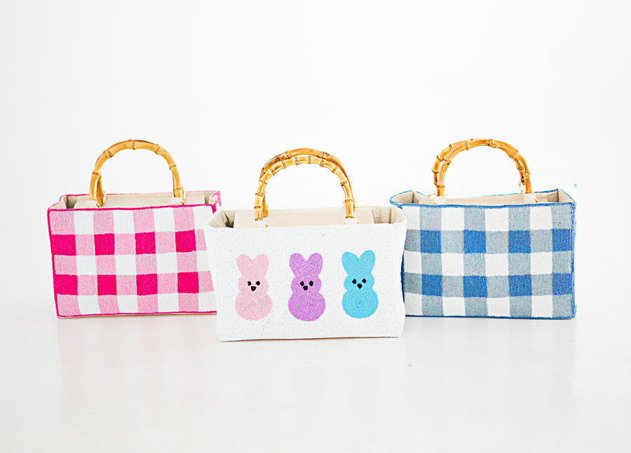 Hand Beaded Gingham Bag with Bamboo Handle | Pink & White Summer Purse | Artisan Made Statement Handbag | Max & Margaux Exclusive