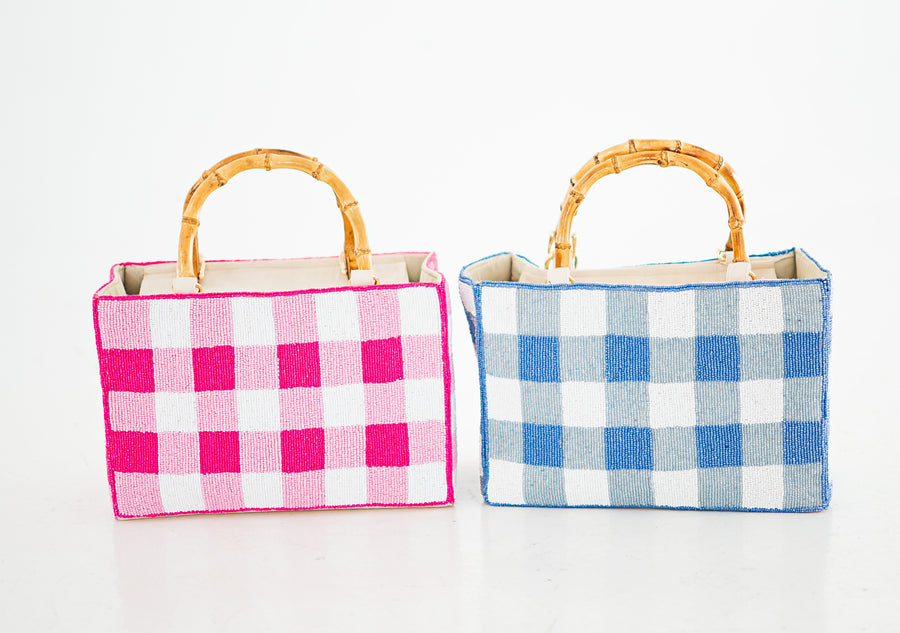 Hand Beaded Gingham Bag with Bamboo Handle | Pink & White Summer Purse | Artisan Made Statement Handbag | Max & Margaux Exclusive