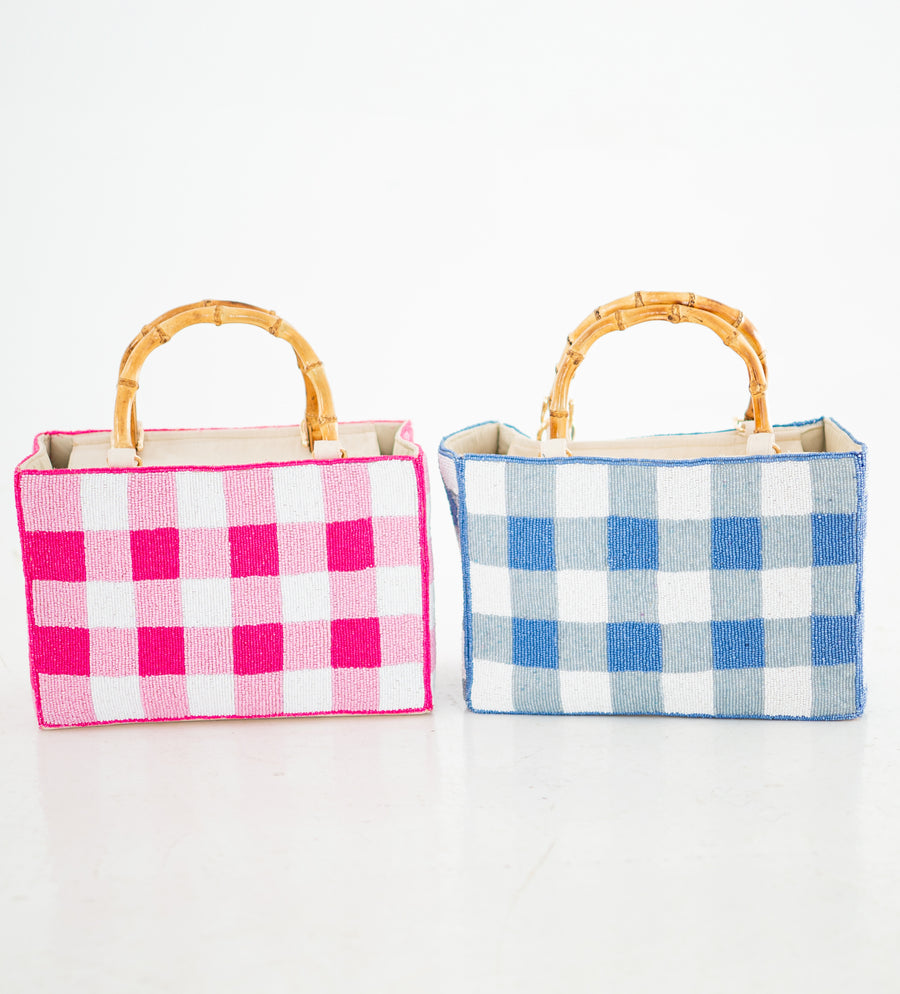 Hand Beaded Gingham Bag with Bamboo Handle | Blue & White Summer Purse | Artisan Made Statement Handbag | Max & Margaux Exclusive