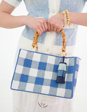 Hand Beaded Gingham Bag with Bamboo Handle | Blue & White Summer Purse | Artisan Made Statement Handbag | Max & Margaux Exclusive