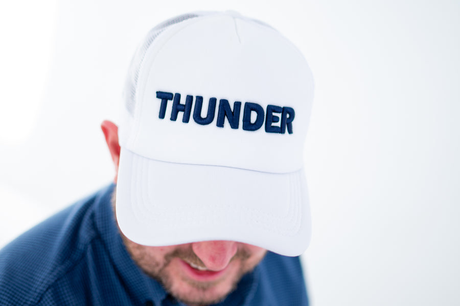 OKC Thunder Hat – White Trucker Hat | Game Day Embroidered Baseball Hat | OKC Fan Gear | Spirit Accessories