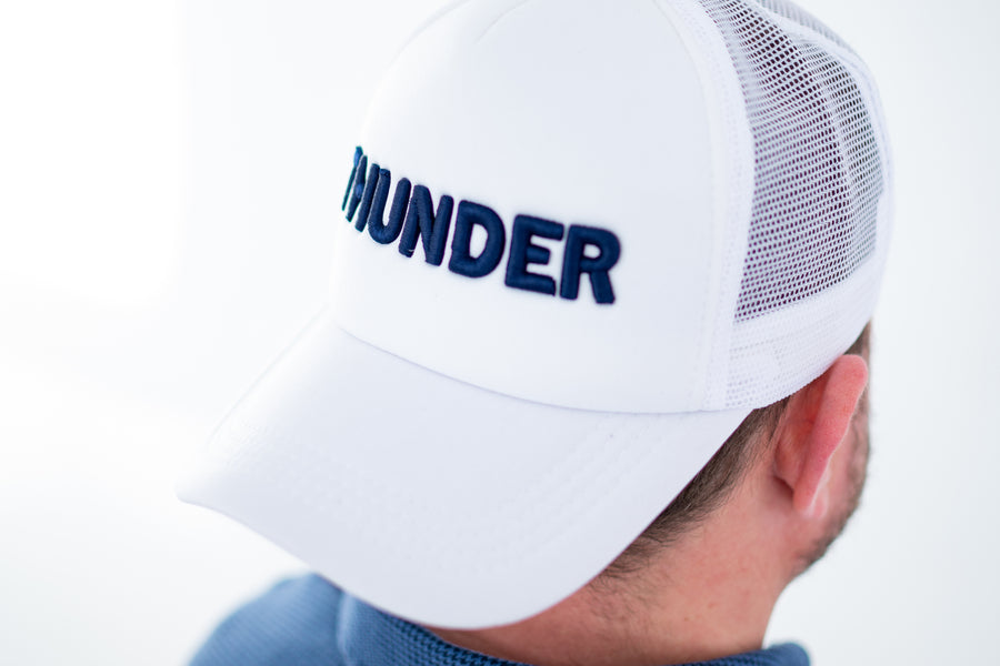 OKC Thunder Hat – White Trucker Hat | Game Day Embroidered Baseball Hat | OKC Fan Gear | Spirit Accessories