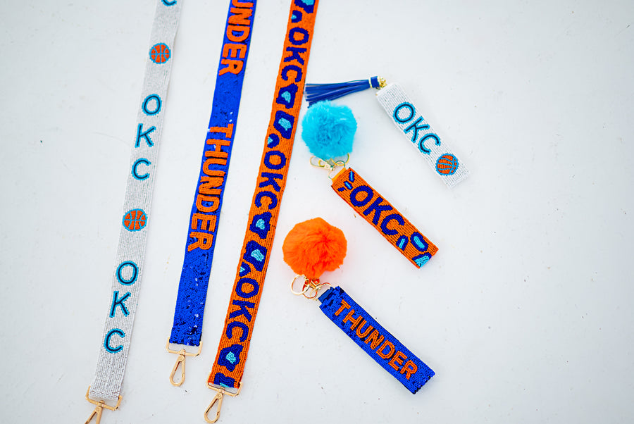 Hand Beaded OKC Thunder Gameday Strap – Adjustable Bag Strap, Blue Beaded Purse Strap for Basketball Fans, Game Day Accessories - SEQUINS
