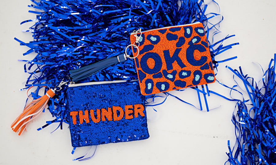 Handmade Beaded Gameday Custom Coin Purse | Bag for Clear Stadium Bags | OKC Thunder | 405 Local Original | Oklahoma I Leopard