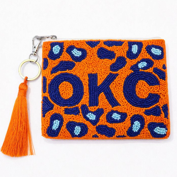 Handmade Beaded Gameday Custom Coin Purse | Bag for Clear Stadium Bags | OKC Thunder | 405 Local Original | Oklahoma I Leopard