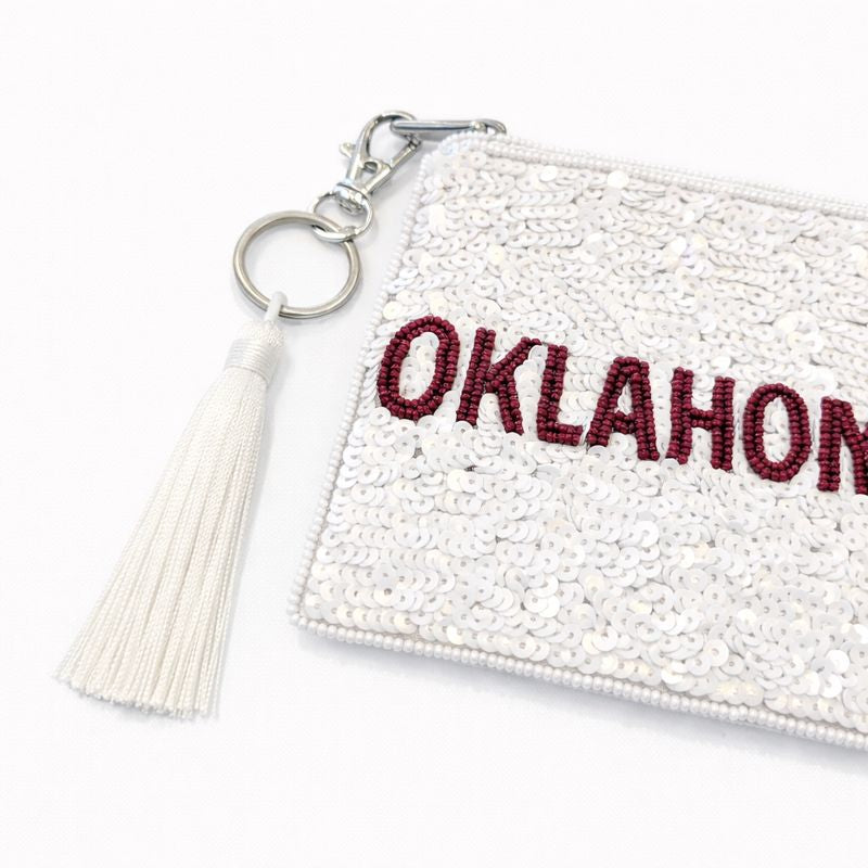 Handmade Beaded Gameday Custom Coin Purse | Bag for Clear Stadium Bags | Oklahoma Sooners | Boomer | 405 Local Original | OU I Sequin