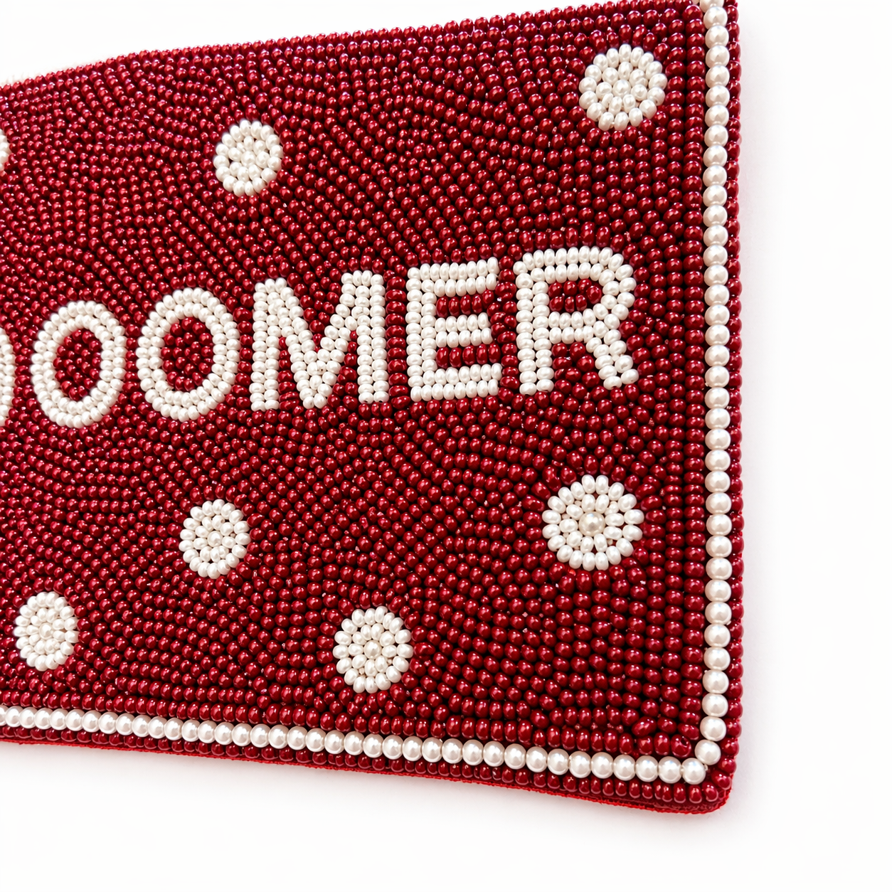 Handmade Beaded Pearl Gameday Custom Coin Purse | Bag for Clear Stadium Bags | Oklahoma Sooners | Boomer | 405 Local Original | Polka Dot Pearl Border
