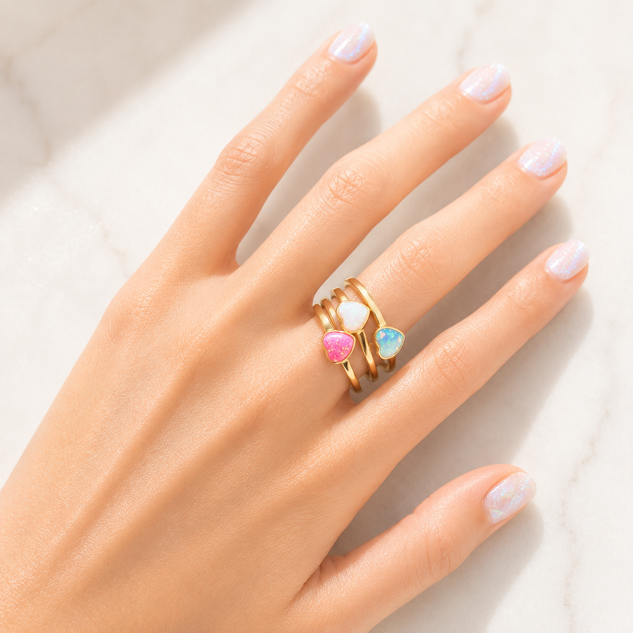 The Millie Dainty & Delicate Opal Heart Gold-Plated Adjustable Ring in Cornflower Blue Opal