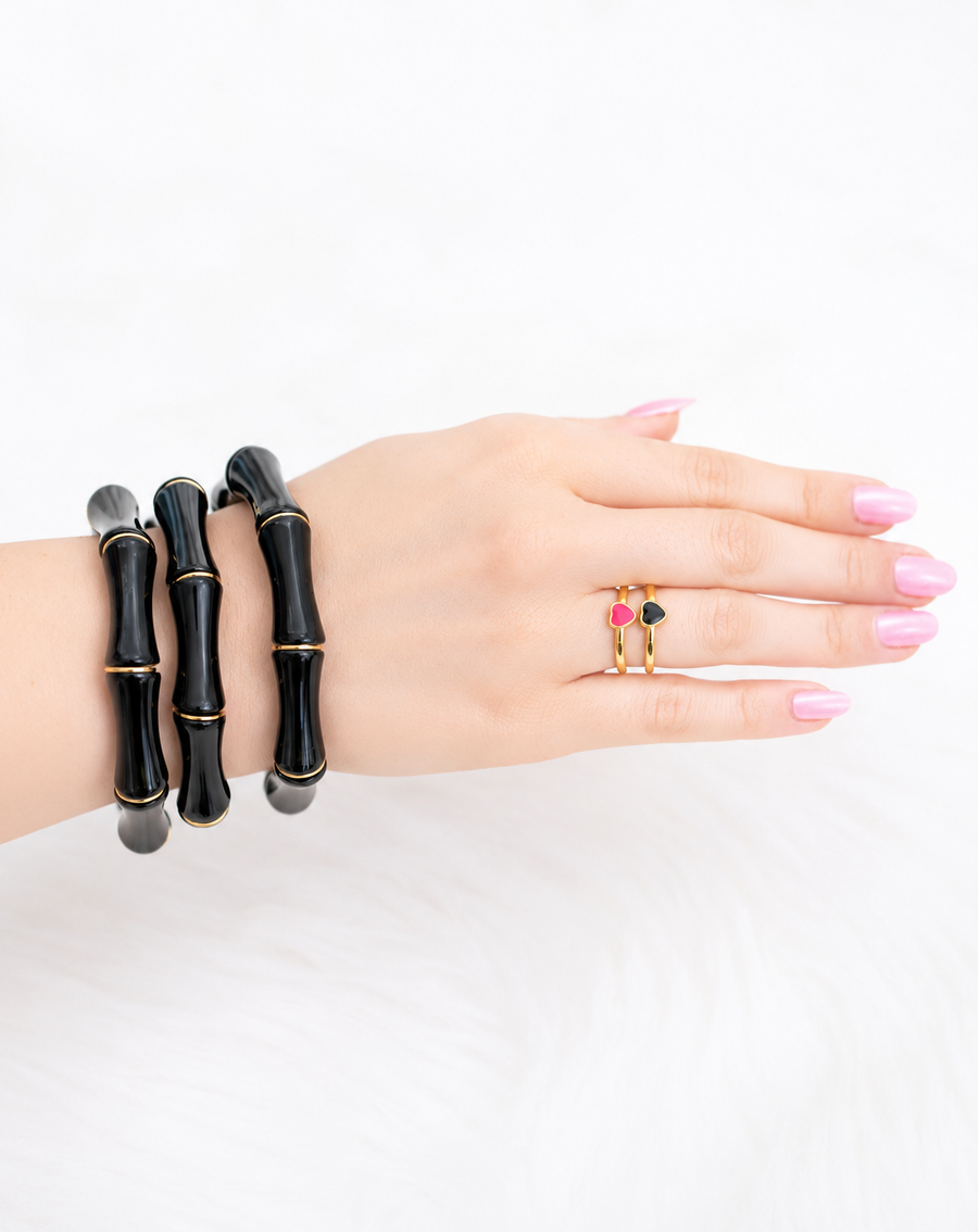 The Delilah Dainty & Delicate Black and Gold Heart Stacking Ring - Adjustable