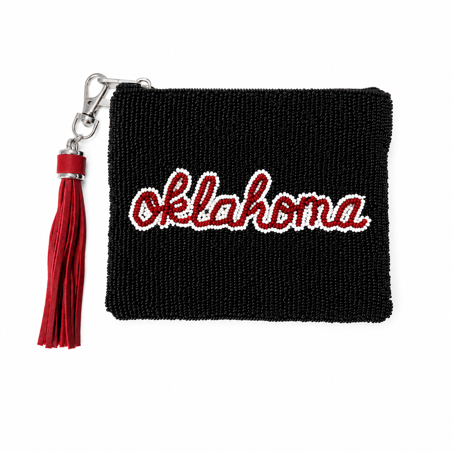 Handmade Beaded Sequin Gameday Custom Coin Purse | Bag for Clear Stadium Bags | Oklahoma | Boomer | 405 Local Original - Black Beads