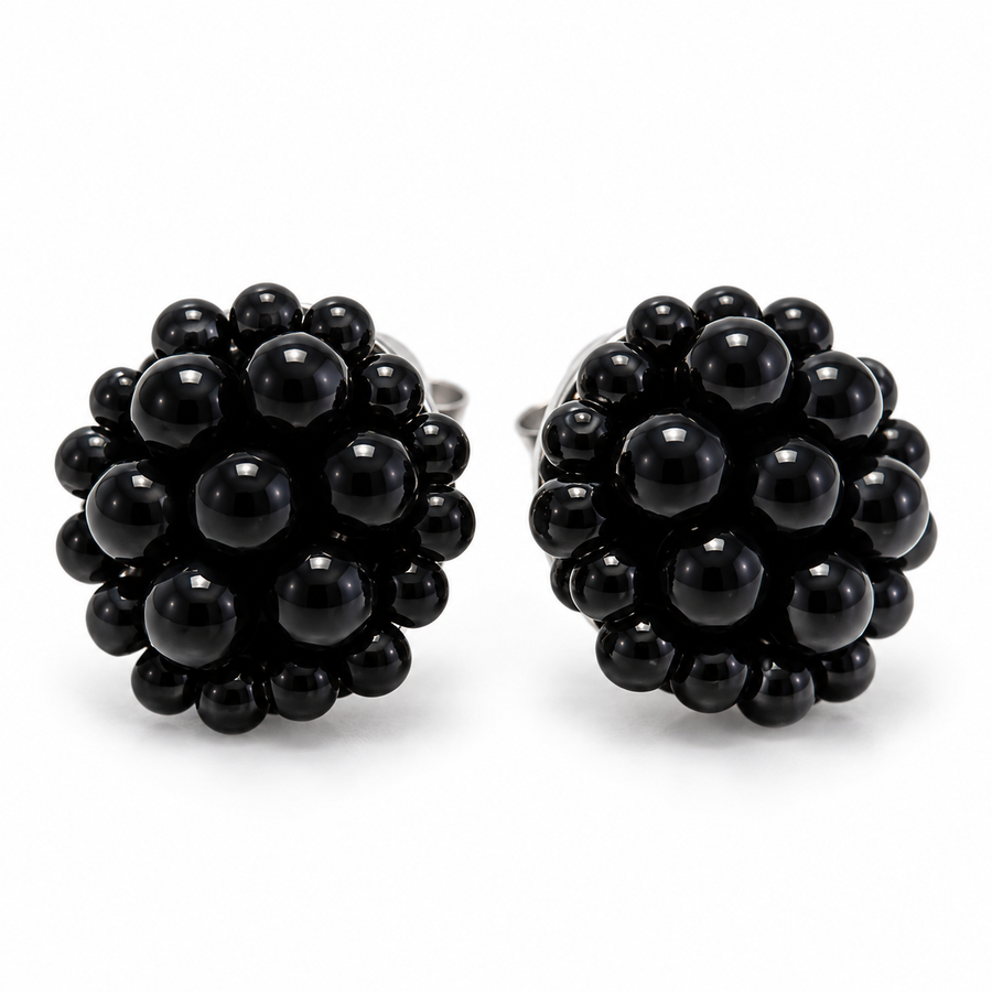 The Jackie Ohhh so Retro Button Beaded Cluster Stud Earrings in Glossy Black