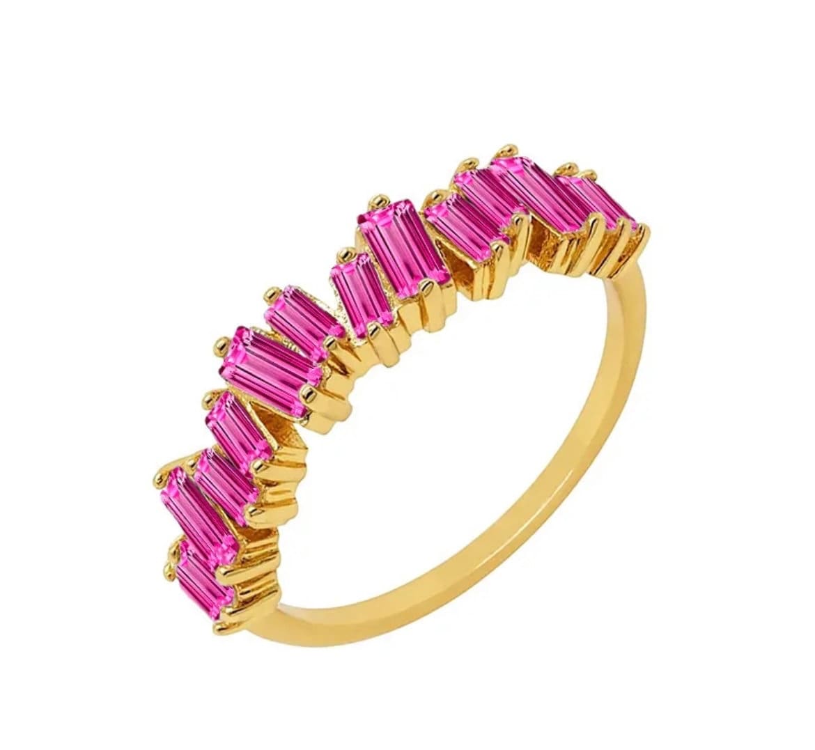 The Josephine Jagged Dark Pink Raspberry Baguettes on Gold Band – Max ...