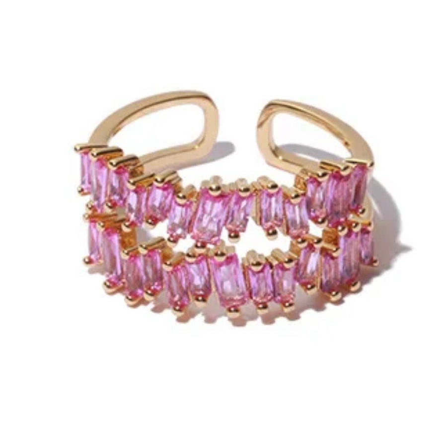 The Penny Pink Peony Double Baguette Band in Gold - Adjustable