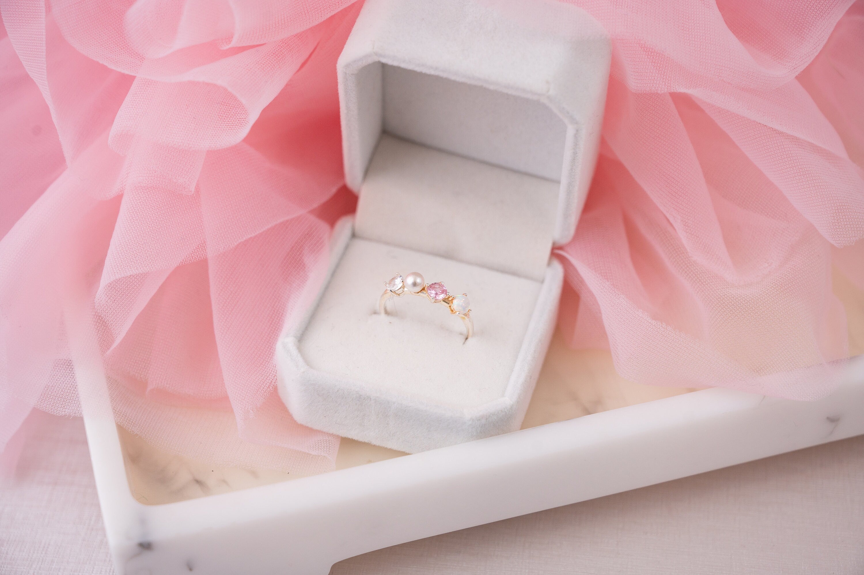 The Wren Dainty & Delicate Stacking Ring on Silver Band - Opal and Pearl - Adjustable