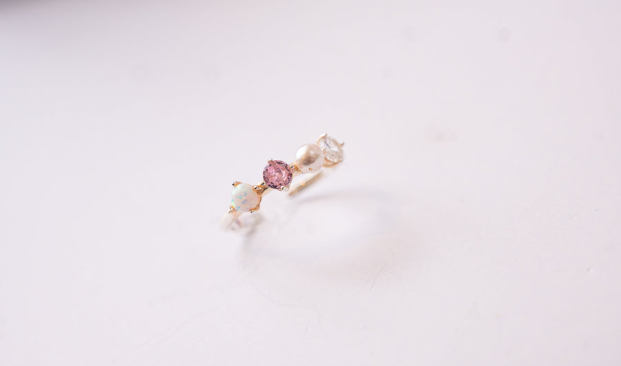The Wren Dainty & Delicate Stacking Ring on Silver Band - Opal and Pearl - Adjustable