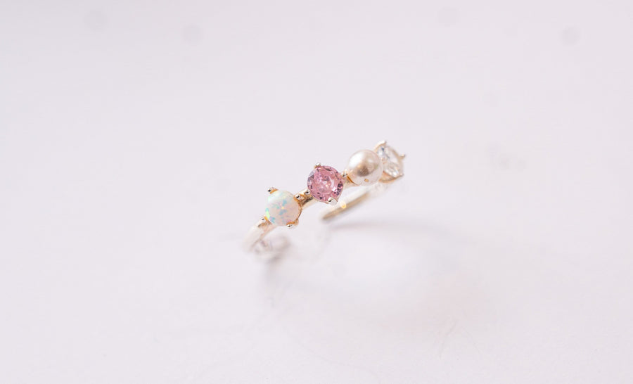 The Wren Dainty & Delicate Stacking Ring on Silver Band - Opal and Pearl - Adjustable