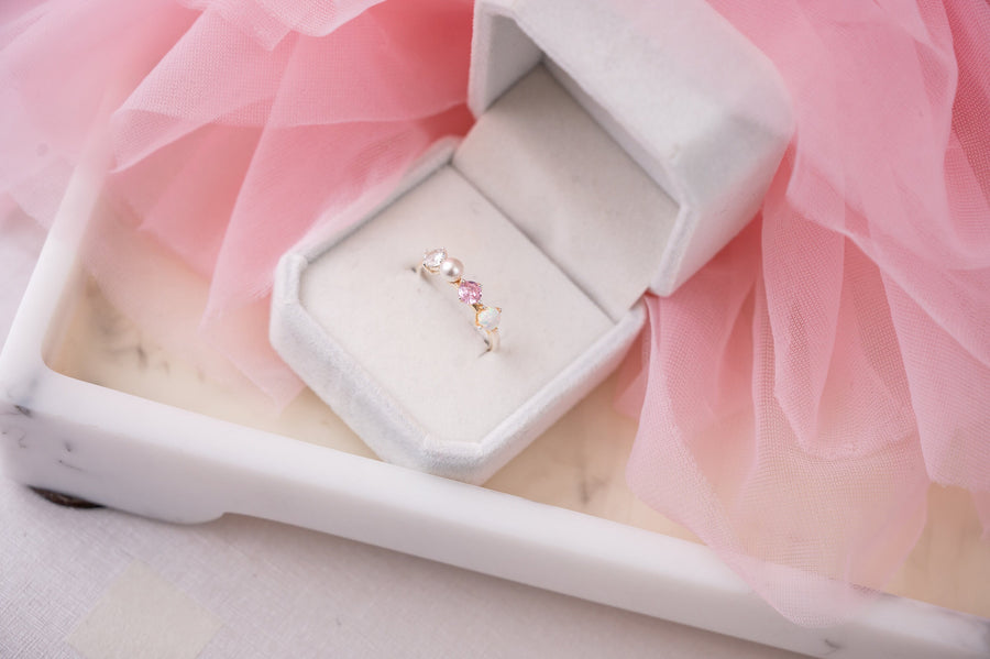 The Wren Dainty & Delicate Stacking Ring on Silver Band - Opal and Pearl - Adjustable