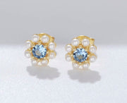 The Camille Pearl Stud Cluster Earring in Gold & Blue Jewel