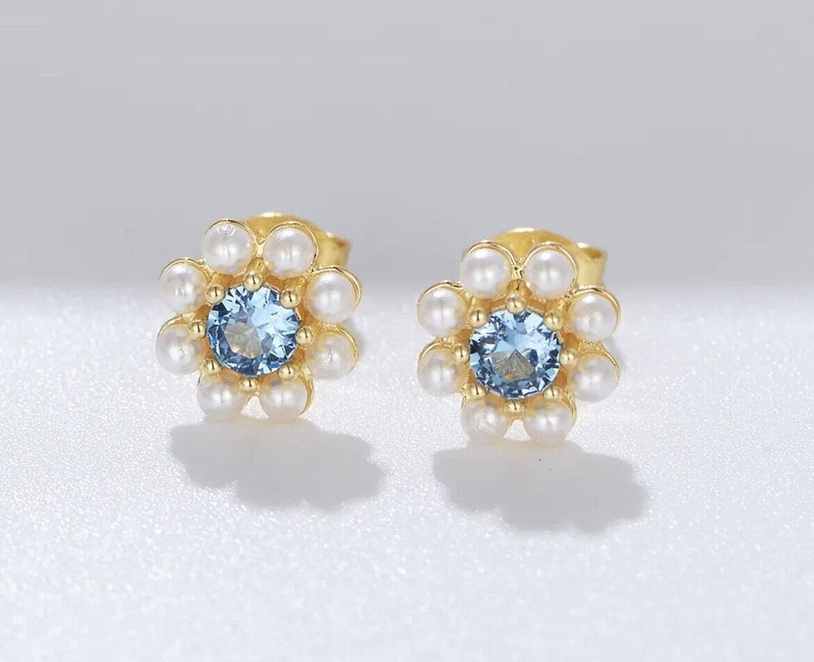 The Camille Pearl Stud Cluster Earring in Gold & Blue Jewel